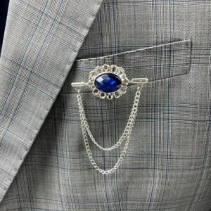Men's Blue Shimmer Stone with Double Hanging Chain Lapel Pin/Brooch