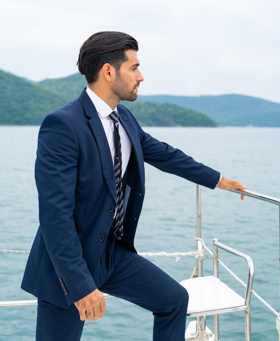 Bavy blue 3 piece suit with beautiful scenery