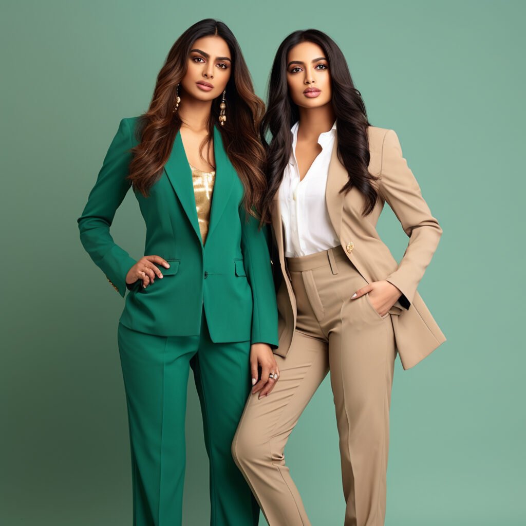 Two women in stylish suits confidently pose for the camera