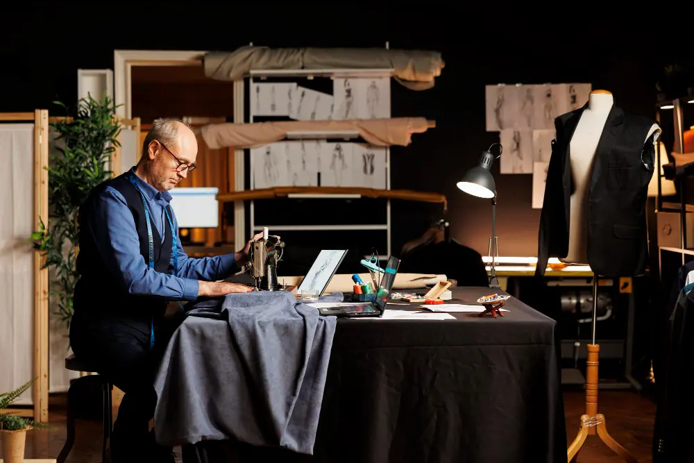 Elegant British tailoring workshop atmosphere