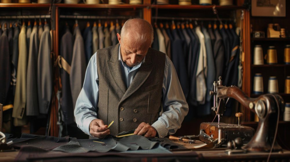 Traditional Savile Row tailor preparing a bespoke suit in a London tailoring workshop